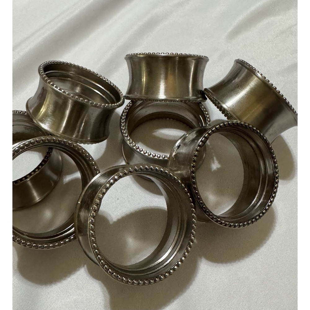 Silver Tone Beaded Edged Napkin Rings Set Of 8